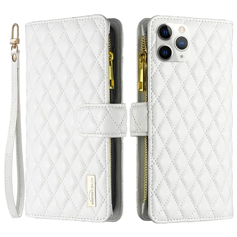 BINFEN COLOR BF Style-15 for iPhone 11 Pro Max 6.5 inch Zipper Pocket PU Leather Stand Wallet Phone Case Imprinting Rhombus Pattern Matte Cover - White