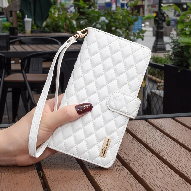 BINFEN COLOR BF Style-15 for iPhone 11 Pro Max 6.5 inch Zipper Pocket PU Leather Stand Wallet Phone Case Imprinting Rhombus Pattern Matte Cover - White