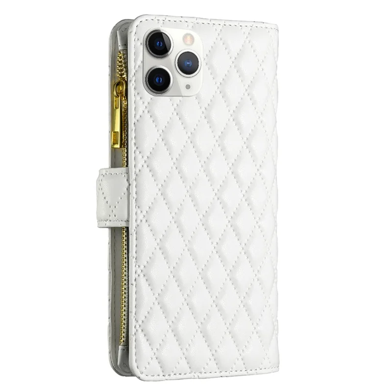 BINFEN COLOR BF Style-15 for iPhone 11 Pro Max 6.5 inch Zipper Pocket PU Leather Stand Wallet Phone Case Imprinting Rhombus Pattern Matte Cover - White