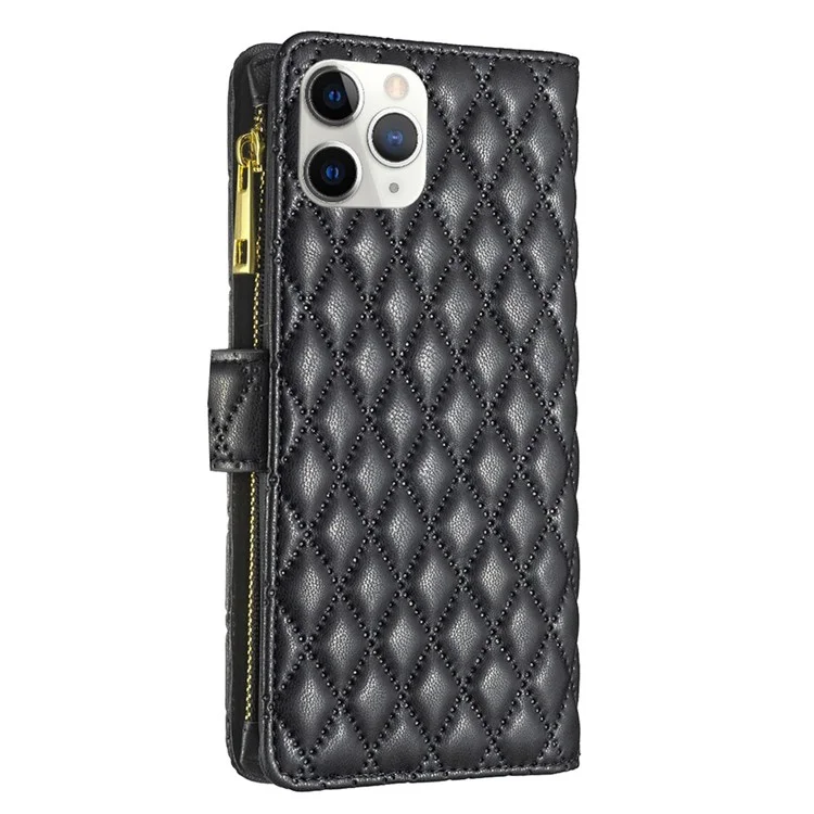 Binfen Color BF Style-15 Pour Iphone 11 Pro 5,8 Pouces de Poche à Fermeture Éclair Portefeuille PU en Cuir en Cuir Empreinte Rhombus Motif de Téléphone Mat - le Noir