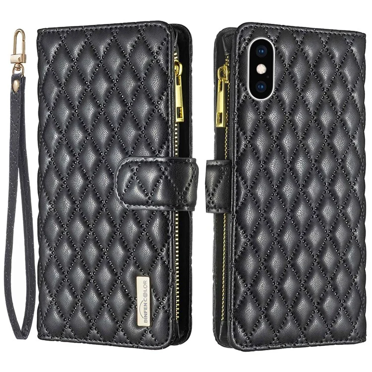 Binfen Farbe BF Style-15 Für Iphone xs Max 6,5 Zoll Reißverschluss Pock Leder Ständer Wallet Hülle Anti-kratzer Matte Rhombus Muster Gedruckter Telefonabdeckung - Schwarz