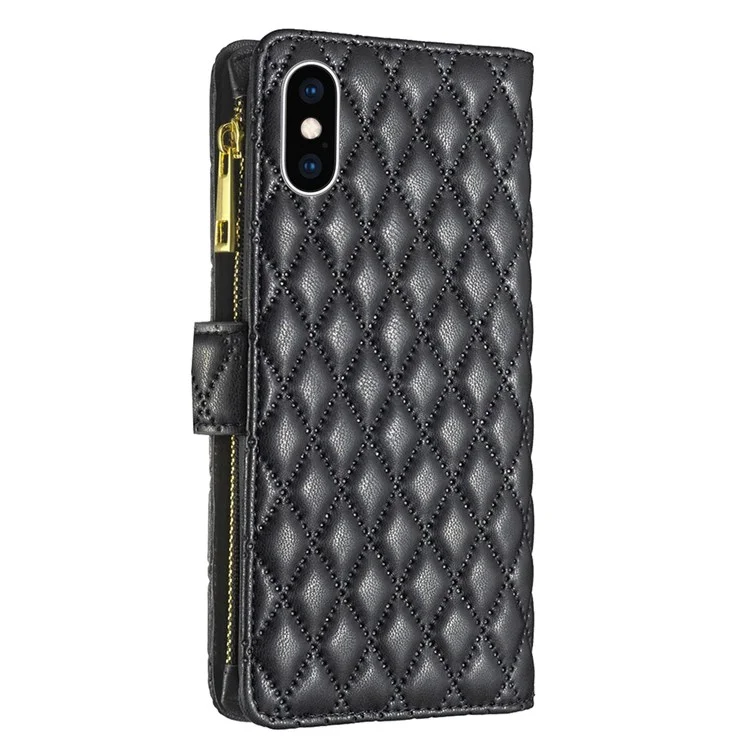 Binfen Farbe BF Style-15 Für Iphone xs Max 6,5 Zoll Reißverschluss Pock Leder Ständer Wallet Hülle Anti-kratzer Matte Rhombus Muster Gedruckter Telefonabdeckung - Schwarz
