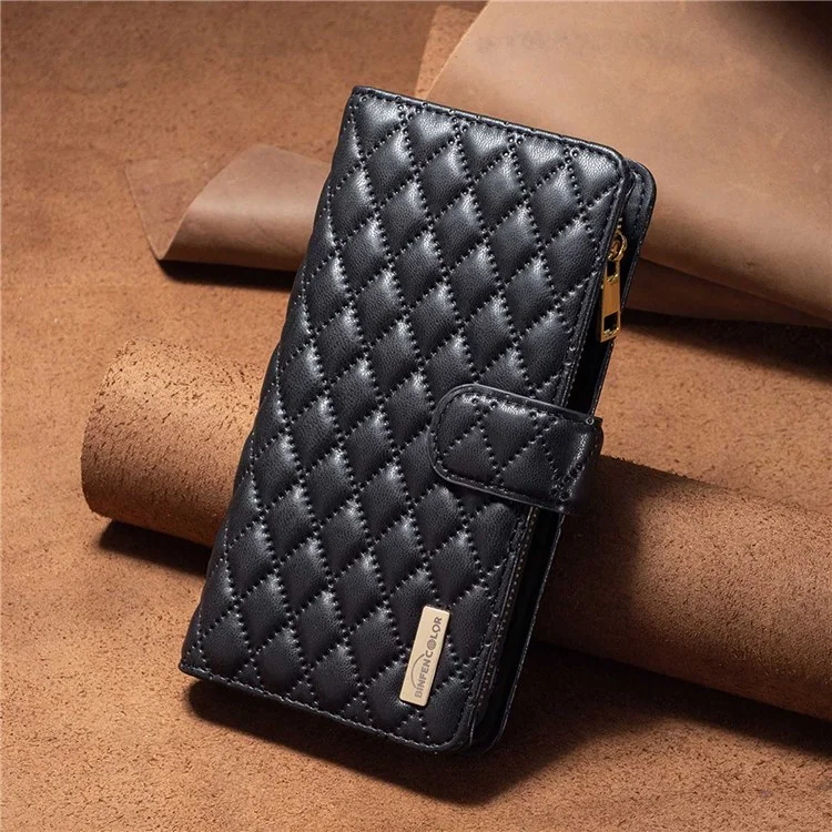 BINFEN COLOR BF Style-15 for iPhone X / XS 5.8 inch Full Protection Phone Case Stand Wallet Matte PU Leather Rhombus Pattern Imprinted Shell with Zipper Pocket - Black