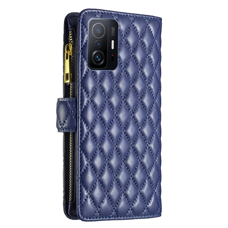 BINFEN COLOR BF Style-15 for Xiaomi 11T 5G / 11T Pro 5G Matte PU Leather Stand Case Wallet Style Zipper Pocket Rhombus Pattern Imprinted Phone Cover - Blue