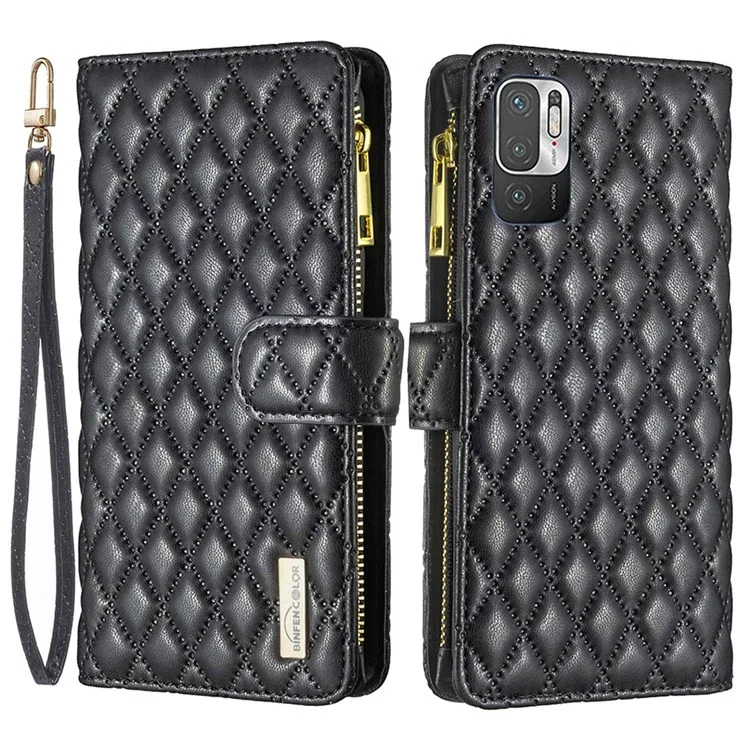 BINFEN COLOR für Xiaomi Poco M3 Pro 4G / 5G / Redmi Note 10 5G / Note 10T 5G BF Style-15 Reißverschlusstasche Design Geprägtes Rautenmuster Stoßfeste matte PU-Leder Brieftasche Magnetisches Handyhülle - Schwarz
