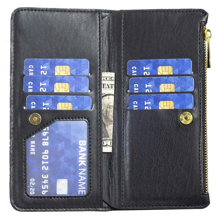 BINFEN COLOR für Xiaomi Poco M3 Pro 4G / 5G / Redmi Note 10 5G / Note 10T 5G BF Style-15 Reißverschlusstasche Design Geprägtes Rautenmuster Stoßfeste matte PU-Leder Brieftasche Magnetisches Handyhülle - Schwarz