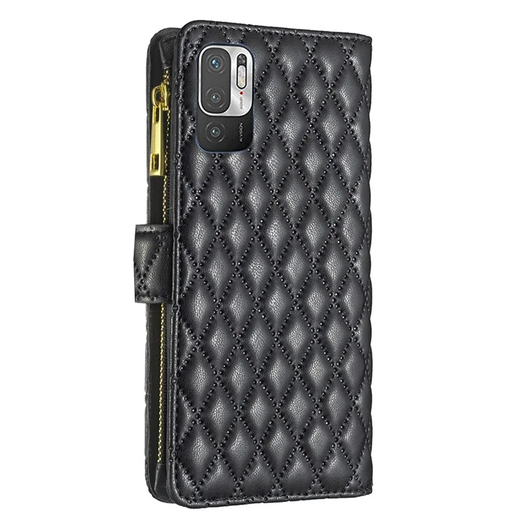 BINFEN COLOR für Xiaomi Poco M3 Pro 4G / 5G / Redmi Note 10 5G / Note 10T 5G BF Style-15 Reißverschlusstasche Design Geprägtes Rautenmuster Stoßfeste matte PU-Leder Brieftasche Magnetisches Handyhülle - Schwarz