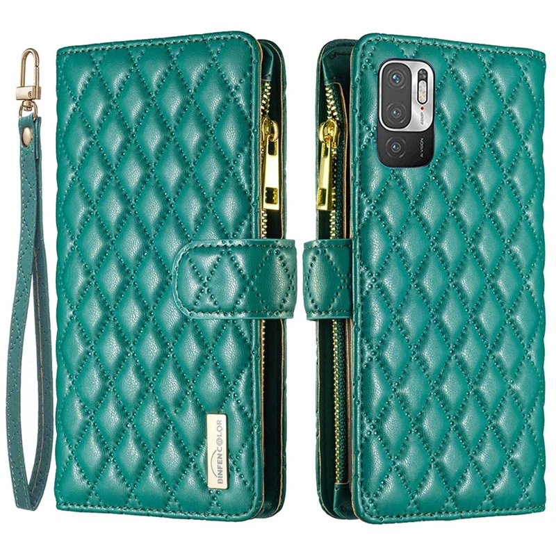 BINFEN COLOR for Xiaomi Poco M3 Pro 4G / 5G / Redmi Note 10 5G / Note 10T 5G BF Style-15 Zipper Pocket Design Imprinted Rhombus Pattern Anti-shock Matte PU Leather Wallet Magnetic Phone Case - Green
