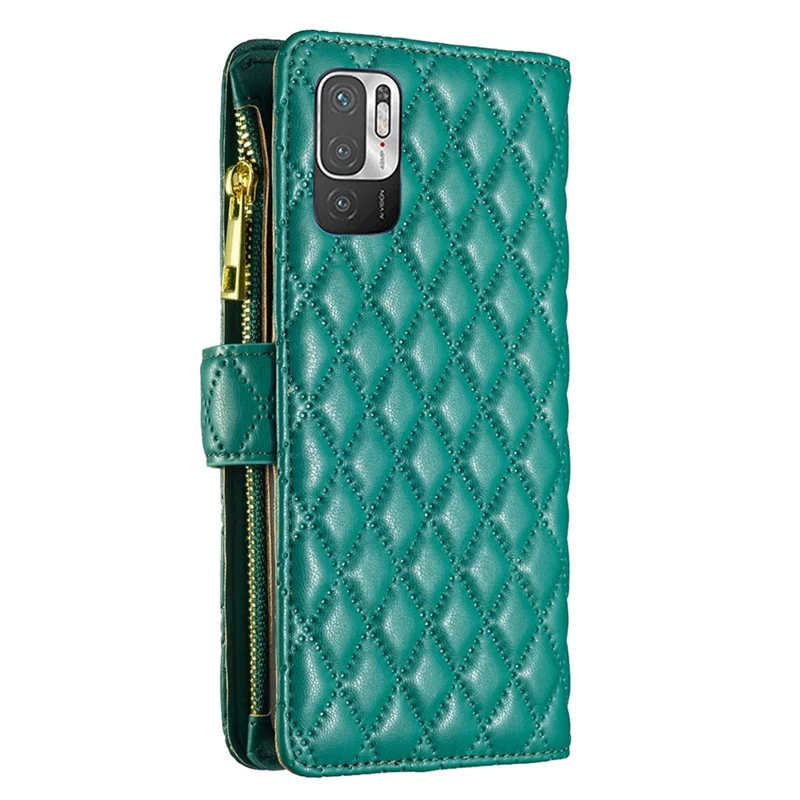 BINFEN COLOR for Xiaomi Poco M3 Pro 4G / 5G / Redmi Note 10 5G / Note 10T 5G BF Style-15 Zipper Pocket Design Imprinted Rhombus Pattern Anti-shock Matte PU Leather Wallet Magnetic Phone Case - Green