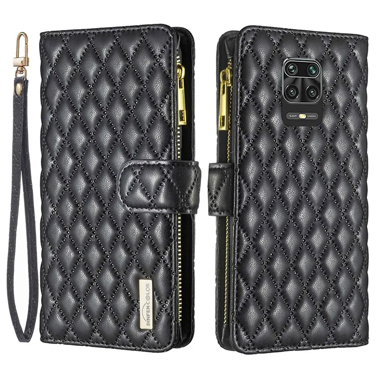 BINFEN COLOR for Xiaomi Redmi Note 9 Pro 4G / Note 9 Pro Max 4G / Note 9S 4G BF Style-15 Wallet Design Magnetic Closing Imprinted Rhombus Pattern Matte PU Leather Zipper Pocket Phone Case - Black