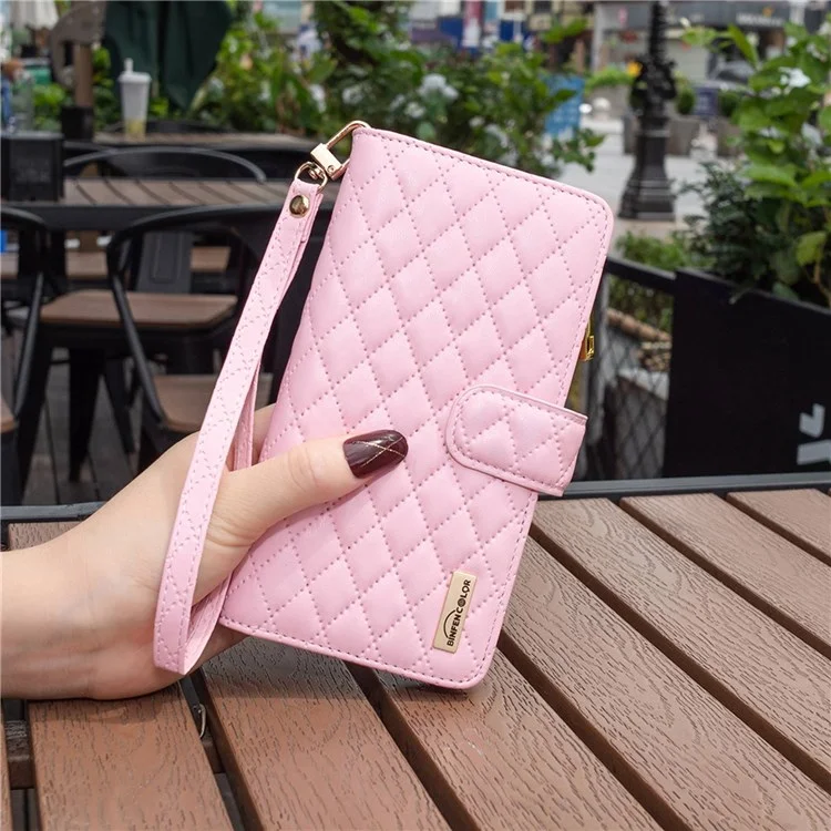 BINFEN COLOR для Oppo A76 4G / A36 4G / K10 4G / A96 4G / Realme 9i BF Style-15 Защитный чехол для телефона с тиснением ромбовидным узором, матовый PU-кожаный бумажник со стойкой и карманом на молнии - розовый