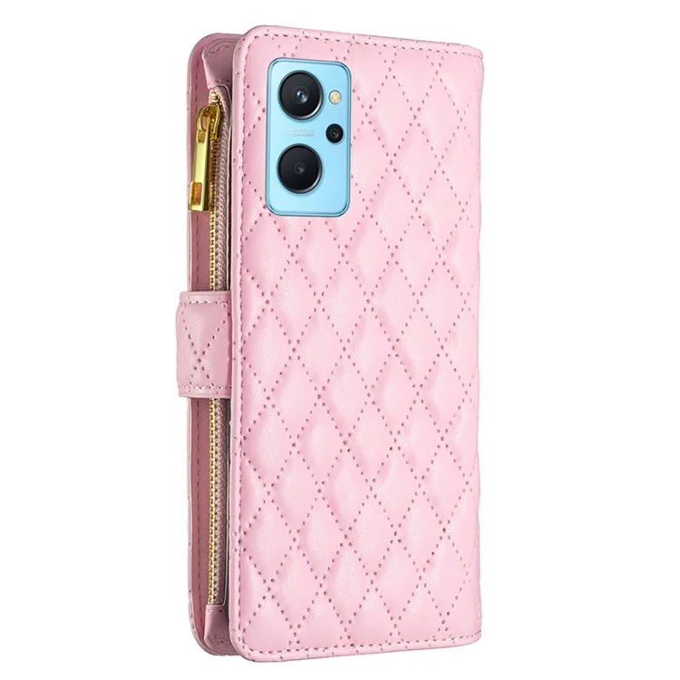 BINFEN COLOR для Oppo A76 4G / A36 4G / K10 4G / A96 4G / Realme 9i BF Style-15 Защитный чехол для телефона с тиснением ромбовидным узором, матовый PU-кожаный бумажник со стойкой и карманом на молнии - розовый