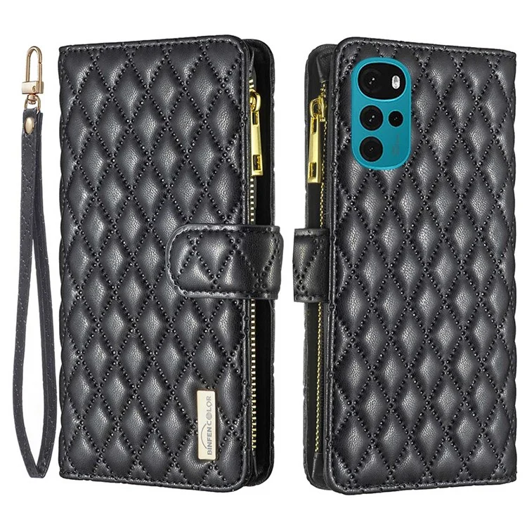 Binfen Color BF Style-15 Billetera de Teléfono Para Motorola Moto G22 4G, Soporte de Bolsillo de la Cremallera de la Cremallera de la Cremallera Matte PU Resistente al Desgaste Con un Patrón de Rombo Impreso - Negro