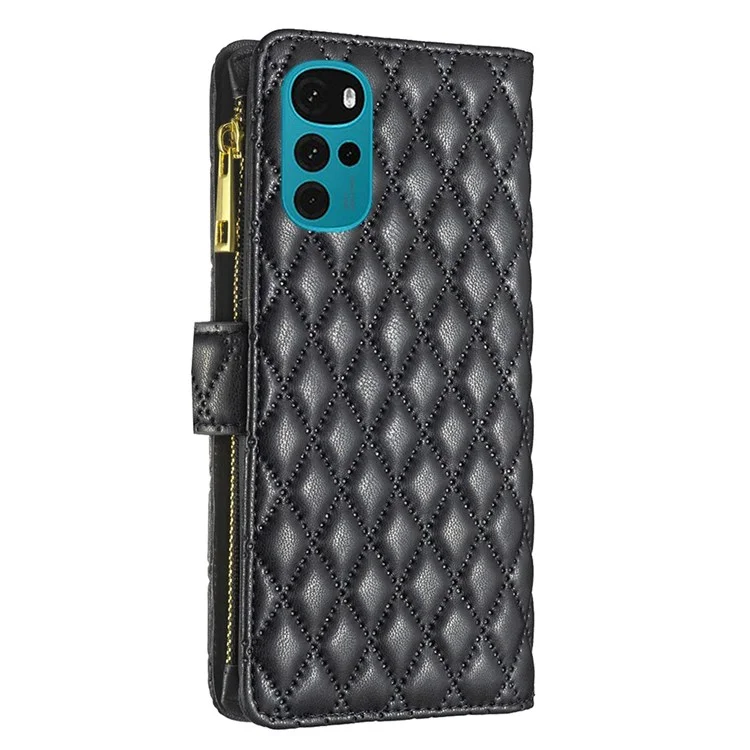 Binfen Color BF Style-15 Billetera de Teléfono Para Motorola Moto G22 4G, Soporte de Bolsillo de la Cremallera de la Cremallera de la Cremallera Matte PU Resistente al Desgaste Con un Patrón de Rombo Impreso - Negro