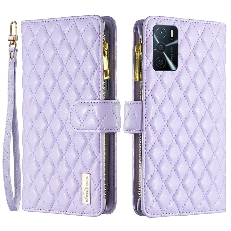 Binfen Color BF Style-15 Für Oppo A16 / A16s / A54s / A55 5G / A54 4G Reißverschluss -taschen -design Telefonschale Geprinktes Rhombusmuster Mattes Abdeckung PU Leder Brieftasche Handy Hülle - Violett