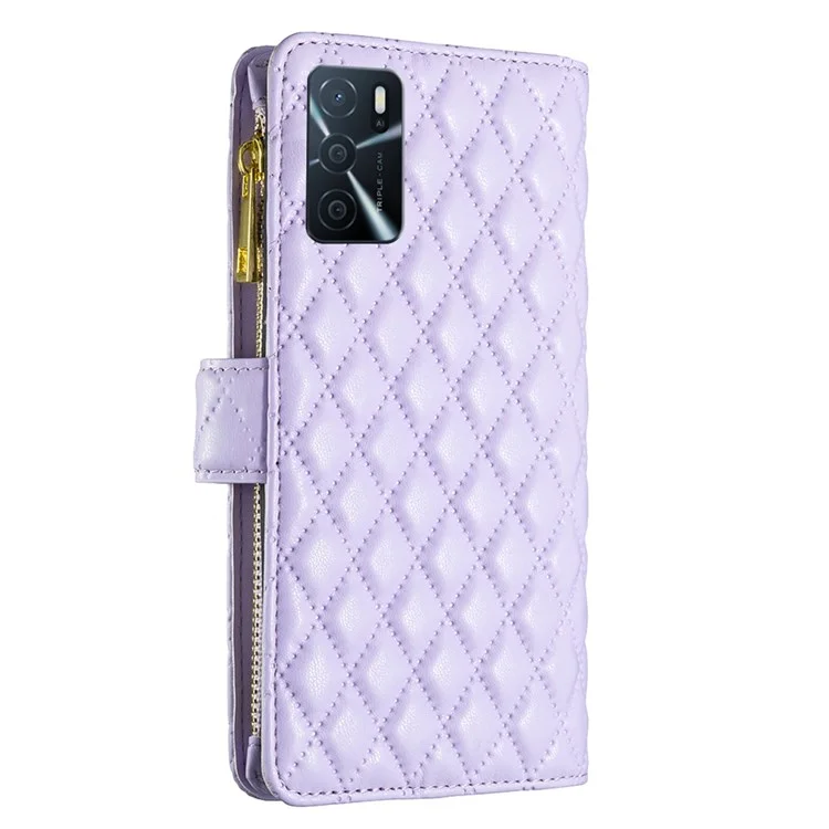 Binfen Color BF Style-15 Pour Oppo A16 / A16 / A54 / A55 5G / A54 4G Zipper Pocket Design Shell Shell Imprimé Rhombus Motif Mate Mate pu le Cuir Portefeuille Case de Téléphone - Violet