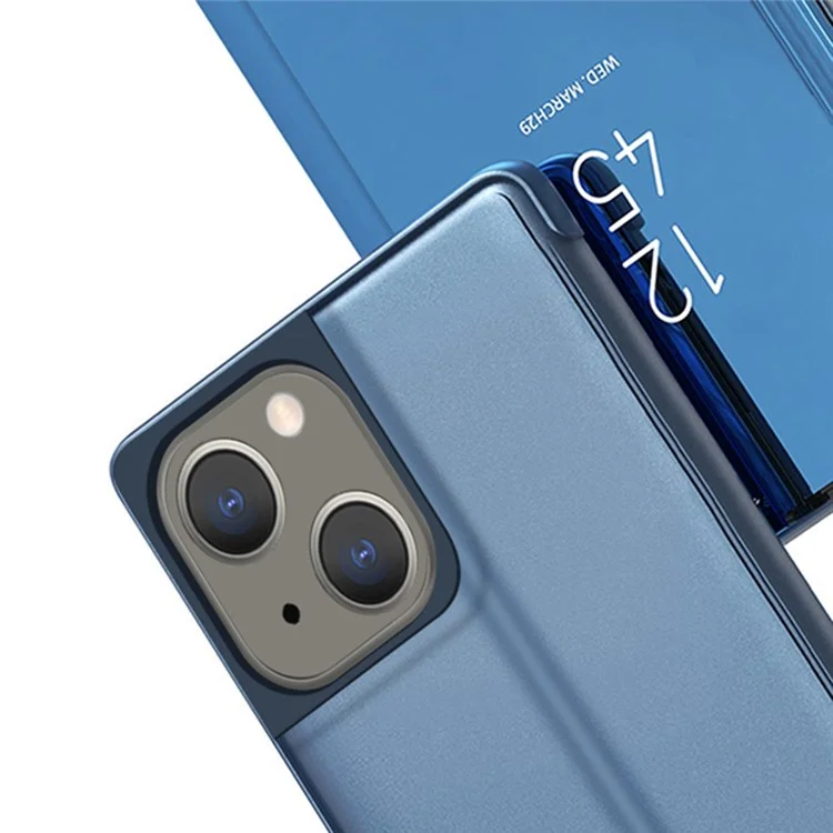 Per iPhone 14 6.1 pollici PU Leather Supporting Stand Phone Case View Window Electroplate Mirror Surface Phone Anti-scratch Cover - Blu