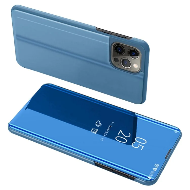 Для iPhone 14 Pro 6.1 дюйма View Window PU Leather Phone Stand Case Electroplate Mirror Surface Protective Cover Shell - Синий