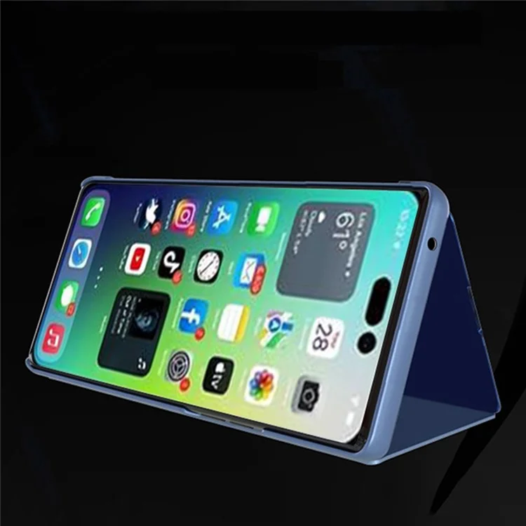 Для iPhone 14 Pro 6.1 дюйма View Window PU Leather Phone Stand Case Electroplate Mirror Surface Protective Cover Shell - Синий