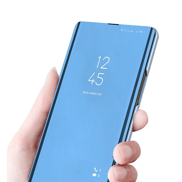 Для iPhone 14 Pro 6.1 дюйма View Window PU Leather Phone Stand Case Electroplate Mirror Surface Protective Cover Shell - Синий