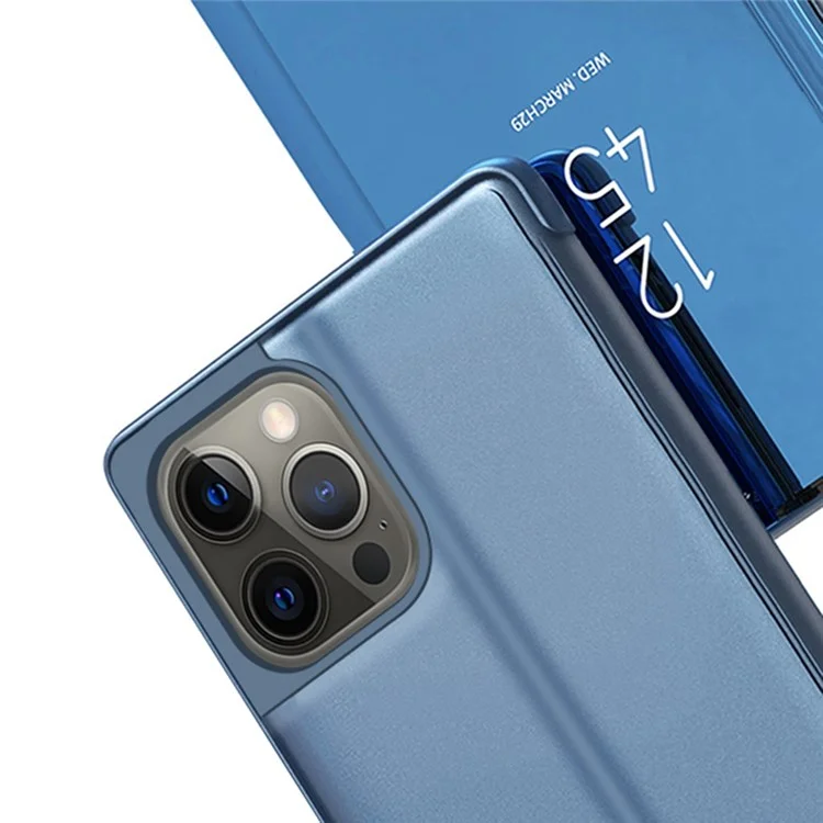 Для iPhone 14 Pro 6.1 дюйма View Window PU Leather Phone Stand Case Electroplate Mirror Surface Protective Cover Shell - Синий