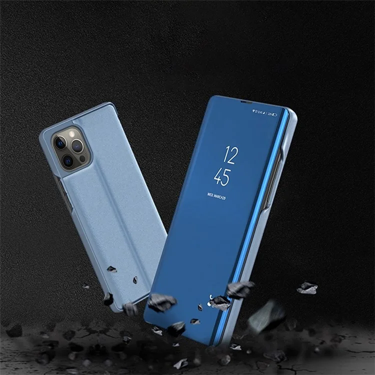 Для iPhone 14 Pro 6.1 дюйма View Window PU Leather Phone Stand Case Electroplate Mirror Surface Protective Cover Shell - Синий