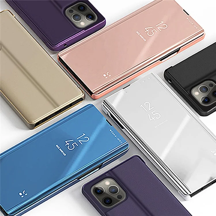 Для iPhone 14 Pro 6.1 дюйма View Window PU Leather Phone Stand Case Electroplate Mirror Surface Protective Cover Shell - Синий