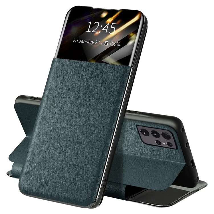 Per Samsung Galaxy S21 Ultra 5G Card Holder Stand PU Leather Protective Case View Window Phone Cover - Blackish Green