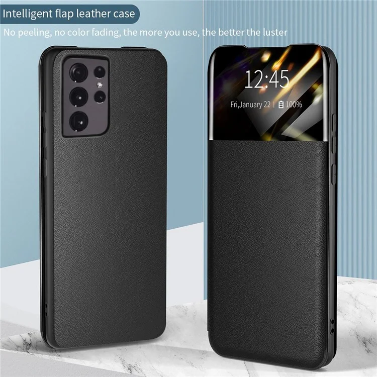 Per Samsung Galaxy S21 Ultra 5G Card Holder Stand PU Leather Protective Case View Window Phone Cover - Blackish Green