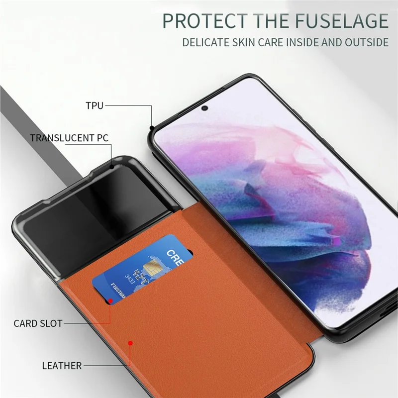 For Samsung Galaxy S21+ 5G View Window PU Leather Case Card Holder Stand Folio Flip Phone Cover - Blue