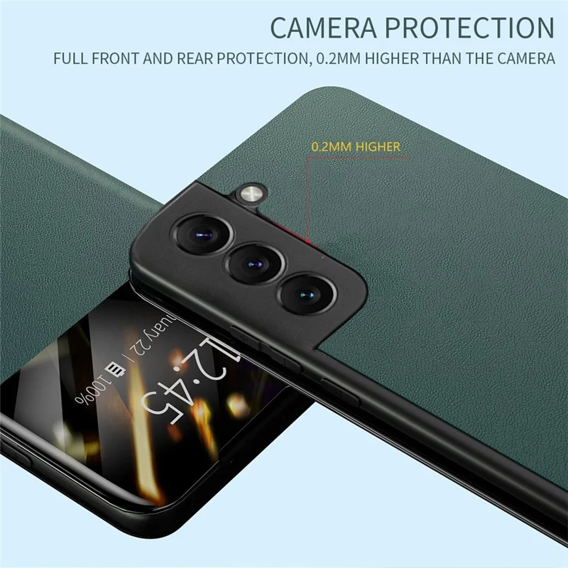 For Samsung Galaxy S22 5G Shockproof Leather Cover Stand Card Slot View Window Phone Case Protector - Blackish Green