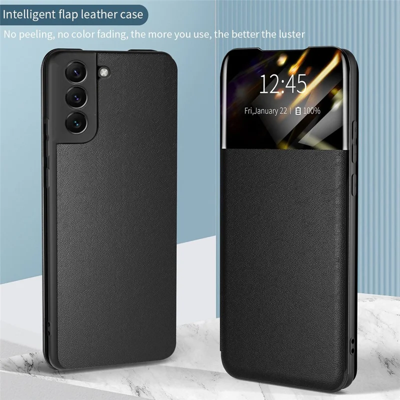 For Samsung Galaxy S22 5G Shockproof Leather Cover Stand Card Slot View Window Phone Case Protector - Blackish Green