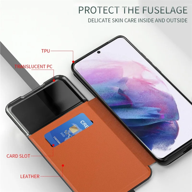 For Samsung Galaxy S22 5G Shockproof Leather Cover Stand Card Slot View Window Phone Case Protector - Blackish Green