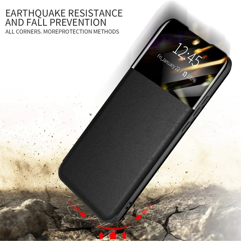 For Samsung Galaxy S22 5G Shockproof Leather Cover Stand Card Slot View Window Phone Case Protector - Blackish Green