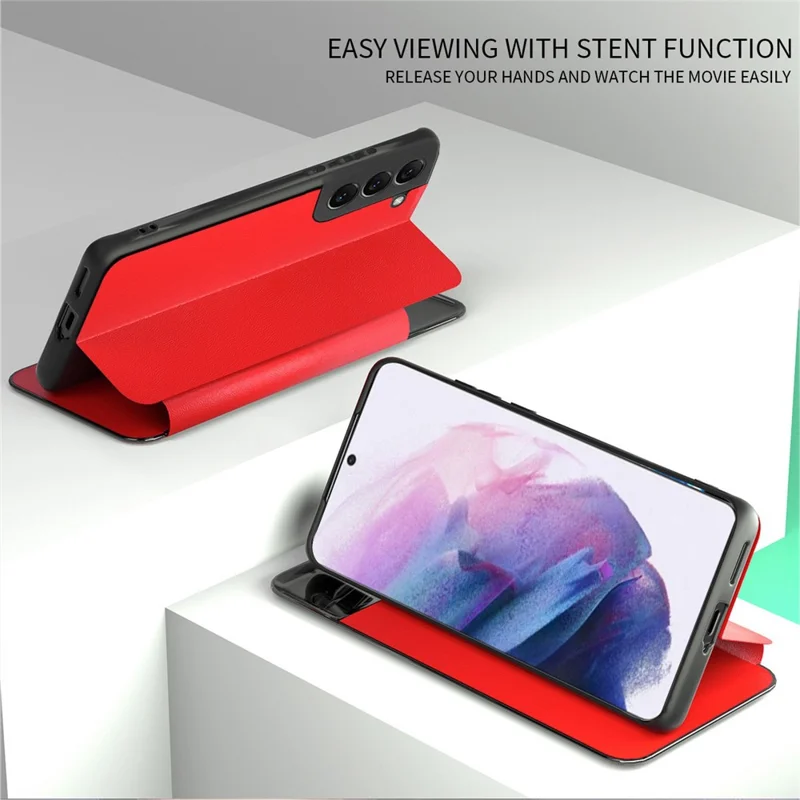 For Samsung Galaxy S22 5G Shockproof Leather Cover Stand Card Slot View Window Phone Case Protector - Blackish Green