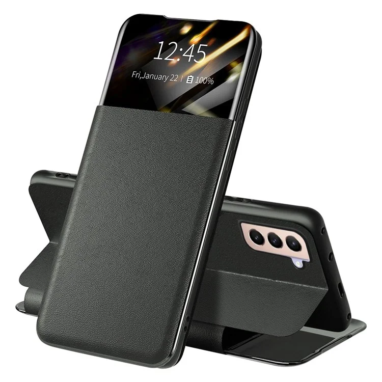 For Samsung Galaxy S22+ 5G View Window Phone Case PU Leather Card Holder Stand Protective Cover - Black