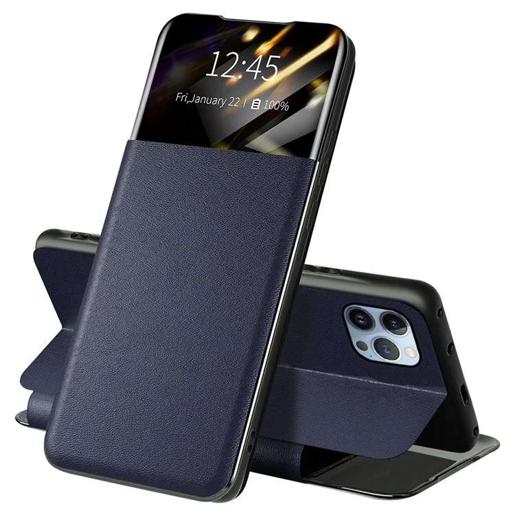 Para Iphone 13 Pro 6,1 Polegadas Visualização Janela PU Couro Punto de Capa Slot Flip Folio Phone Case - Azul