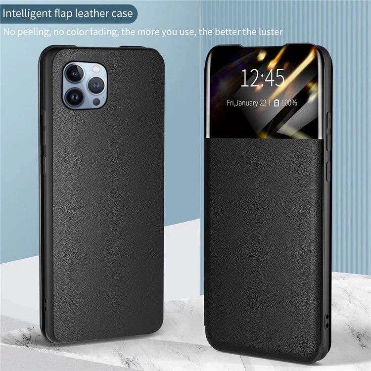 Para Iphone 13 Pro 6,1 Polegadas Visualização Janela PU Couro Punto de Capa Slot Flip Folio Phone Case - Azul