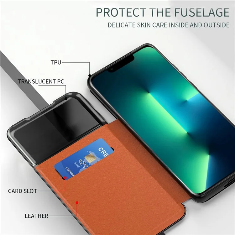 Para Iphone 13 Pro 6,1 Polegadas Visualização Janela PU Couro Punto de Capa Slot Flip Folio Phone Case - Azul