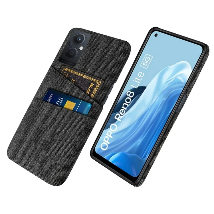 Pour Oppo Reno8 Lite 5G Étui de Protection Antichoc Texture en Tissu Revêtement en Cuir PU Étui de Protection PC avec Deux Fentes pour Cartes - Noir