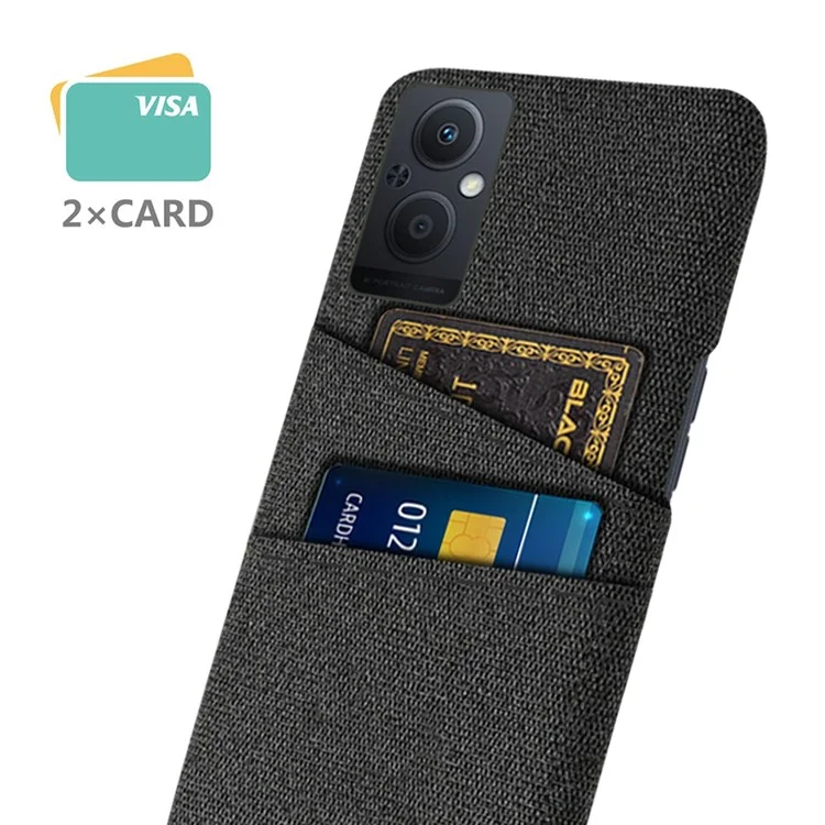 Pour Oppo Reno8 Lite 5G Étui de Protection Antichoc Texture en Tissu Revêtement en Cuir PU Étui de Protection PC avec Deux Fentes pour Cartes - Noir