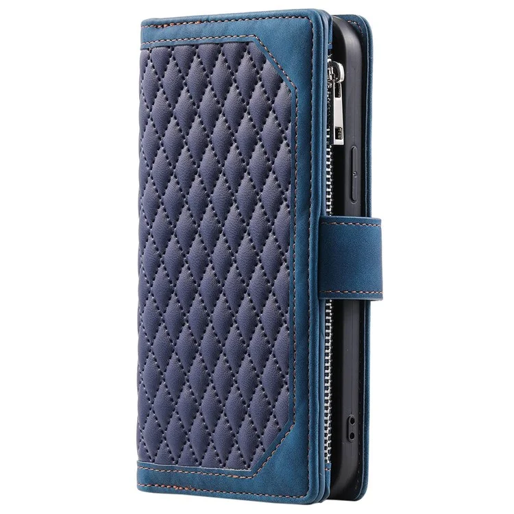 005 Style for Xiaomi Poco M5s 4G / Redmi Note 10 4G / Redmi Note 10S 4G Scratch Resistant Rhombus Texture Phone Case PU Leather Zipper Pocket Stand Wallet Cover with Wrist Strap - Blue