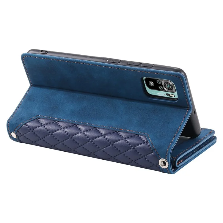 005 Style for Xiaomi Poco M5s 4G / Redmi Note 10 4G / Redmi Note 10S 4G Scratch Resistant Rhombus Texture Phone Case PU Leather Zipper Pocket Stand Wallet Cover with Wrist Strap - Blue