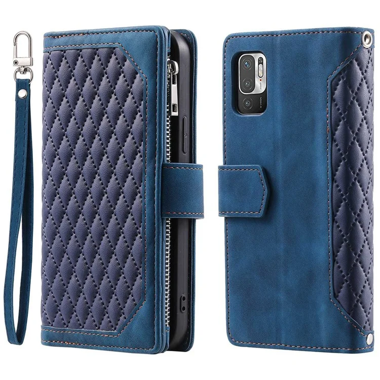 005 Style for Xiaomi Poco M3 Pro 4G / 5G / Redmi Note 10T 5G / Note 10 5G Rhombus Texture Wallet Stand Leather Phone Case with Zipper Pocket and Wrist Strap - Blue