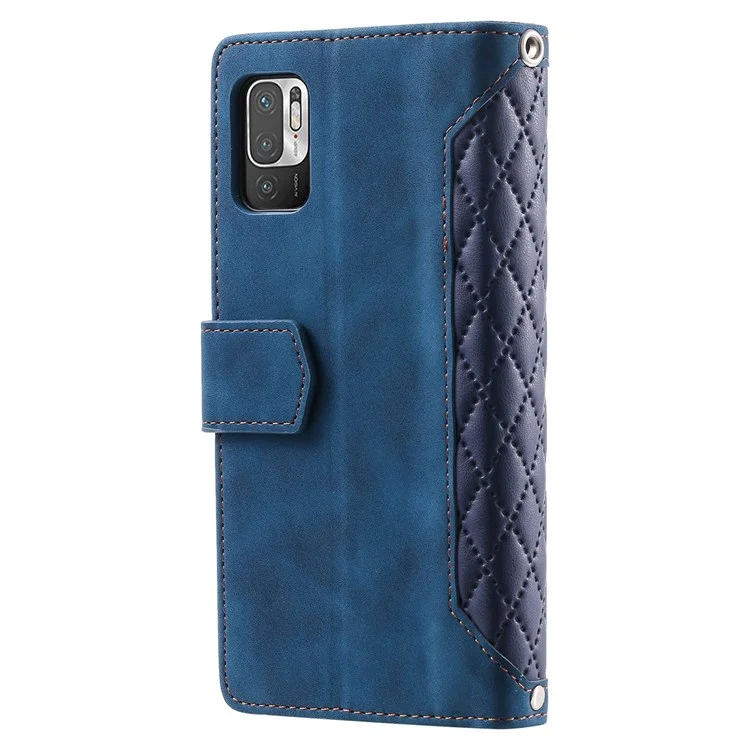 005 Style for Xiaomi Poco M3 Pro 4G / 5G / Redmi Note 10T 5G / Note 10 5G Rhombus Texture Wallet Stand Leather Phone Case with Zipper Pocket and Wrist Strap - Blue