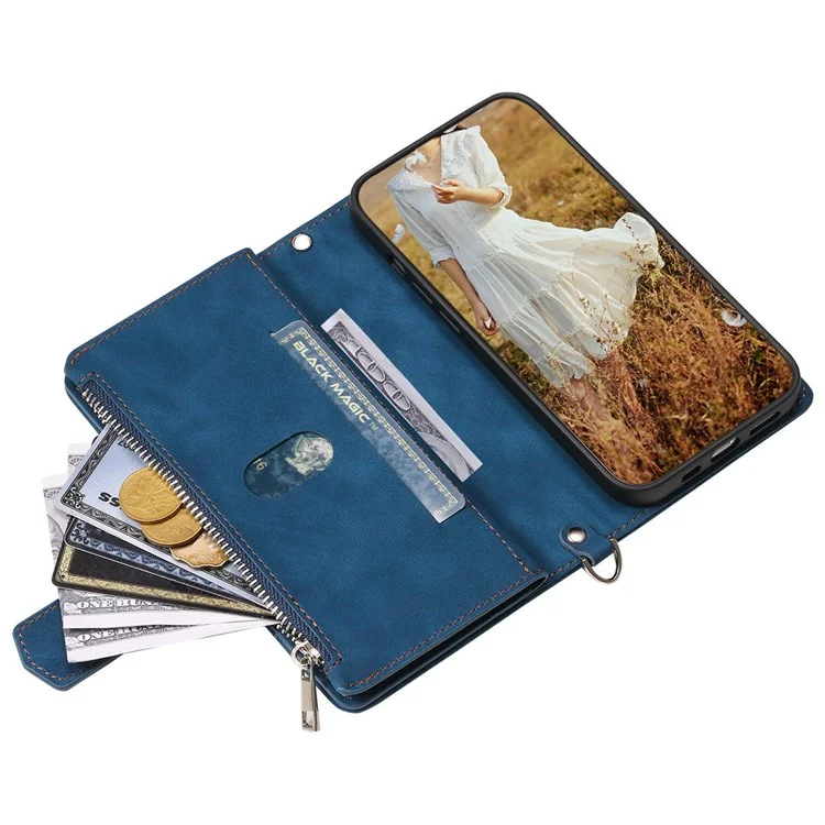 005 Style for Xiaomi Poco M3 Pro 4G / 5G / Redmi Note 10T 5G / Note 10 5G Rhombus Texture Wallet Stand Leather Phone Case with Zipper Pocket and Wrist Strap - Blue