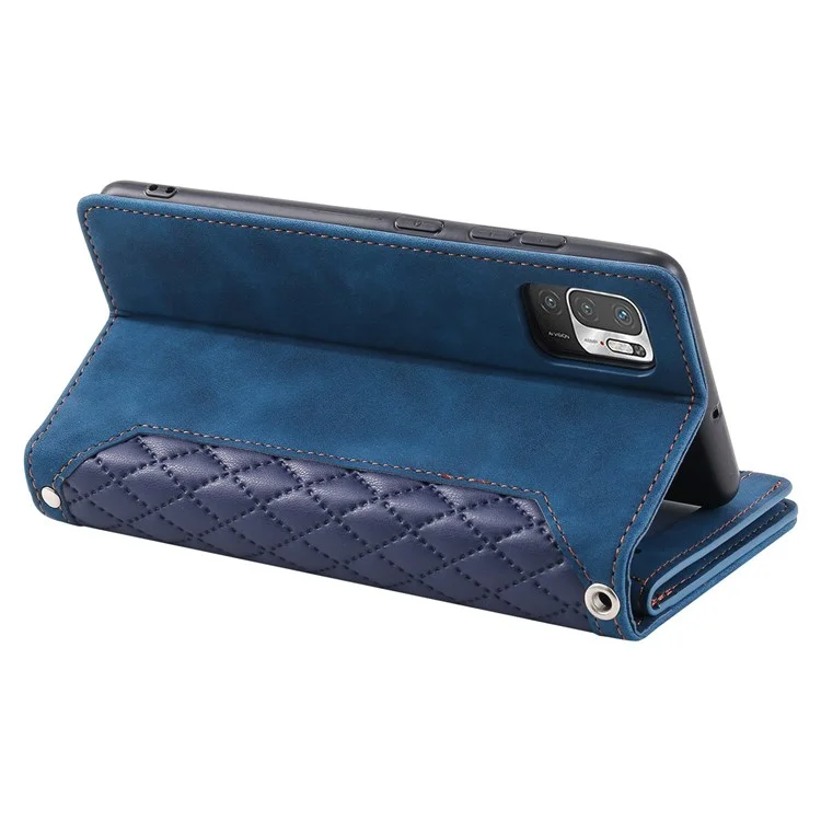 005 Style for Xiaomi Poco M3 Pro 4G / 5G / Redmi Note 10T 5G / Note 10 5G Rhombus Texture Wallet Stand Leather Phone Case with Zipper Pocket and Wrist Strap - Blue