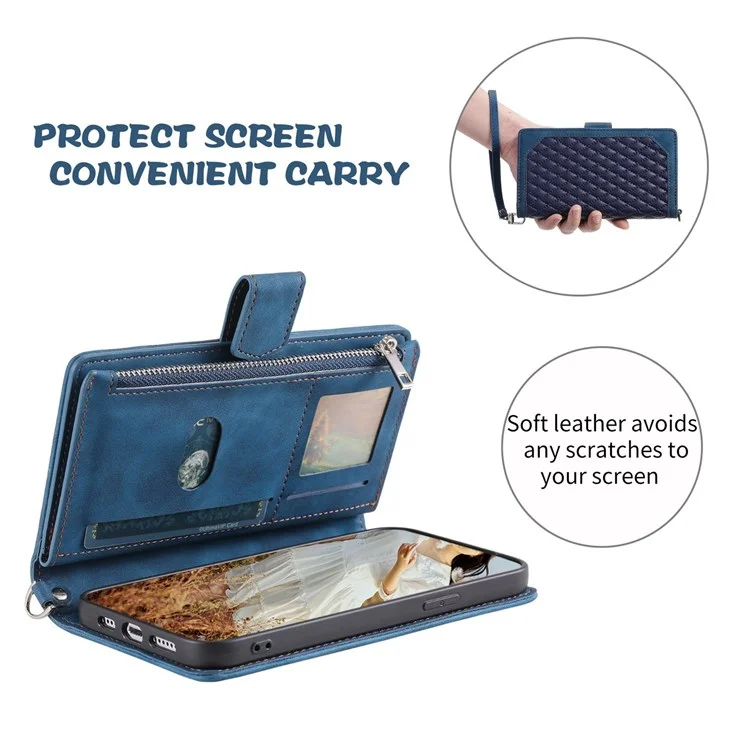 005 Style for Xiaomi Poco M3 Pro 4G / 5G / Redmi Note 10T 5G / Note 10 5G Rhombus Texture Wallet Stand Leather Phone Case with Zipper Pocket and Wrist Strap - Blue