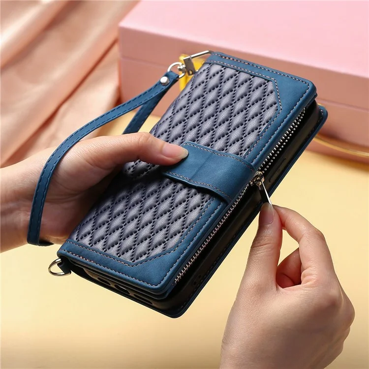 005 Style for Xiaomi Poco M3 Pro 4G / 5G / Redmi Note 10T 5G / Note 10 5G Rhombus Texture Wallet Stand Leather Phone Case with Zipper Pocket and Wrist Strap - Blue