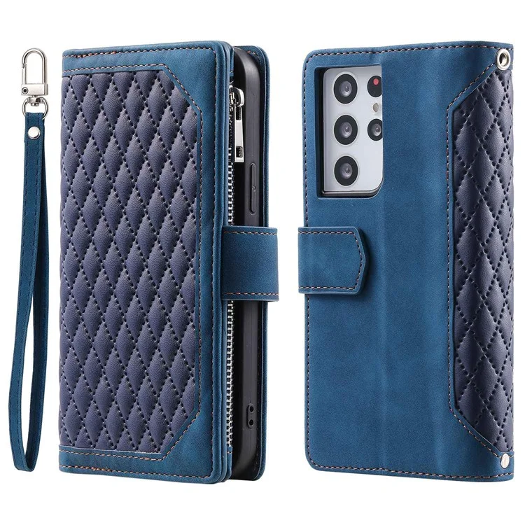 Estilo 005 Para Samsung Galaxy S21 Ultra 5G Textura Textura Case de Cuero Funda de Bolsillo de Bolsillo Teléfono Con Correa de Muñeca - Azul